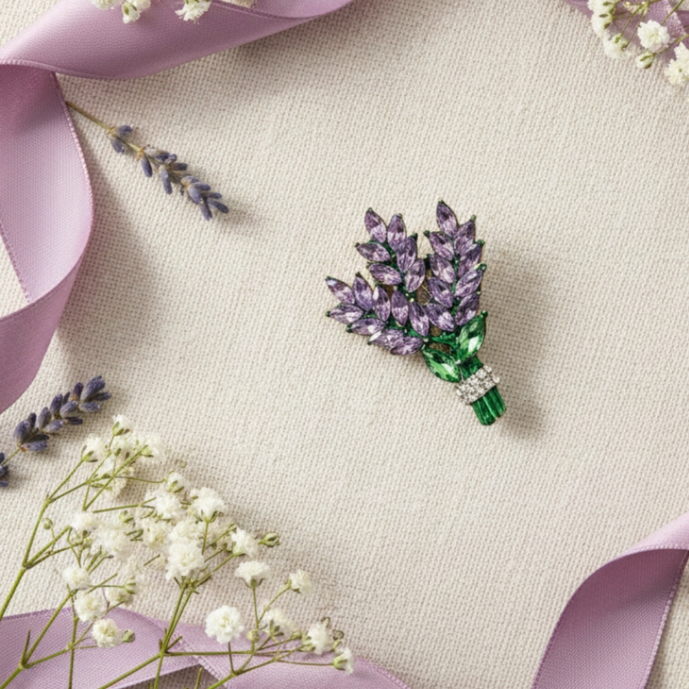 Lavender Bouquet Brooch with Green Accents